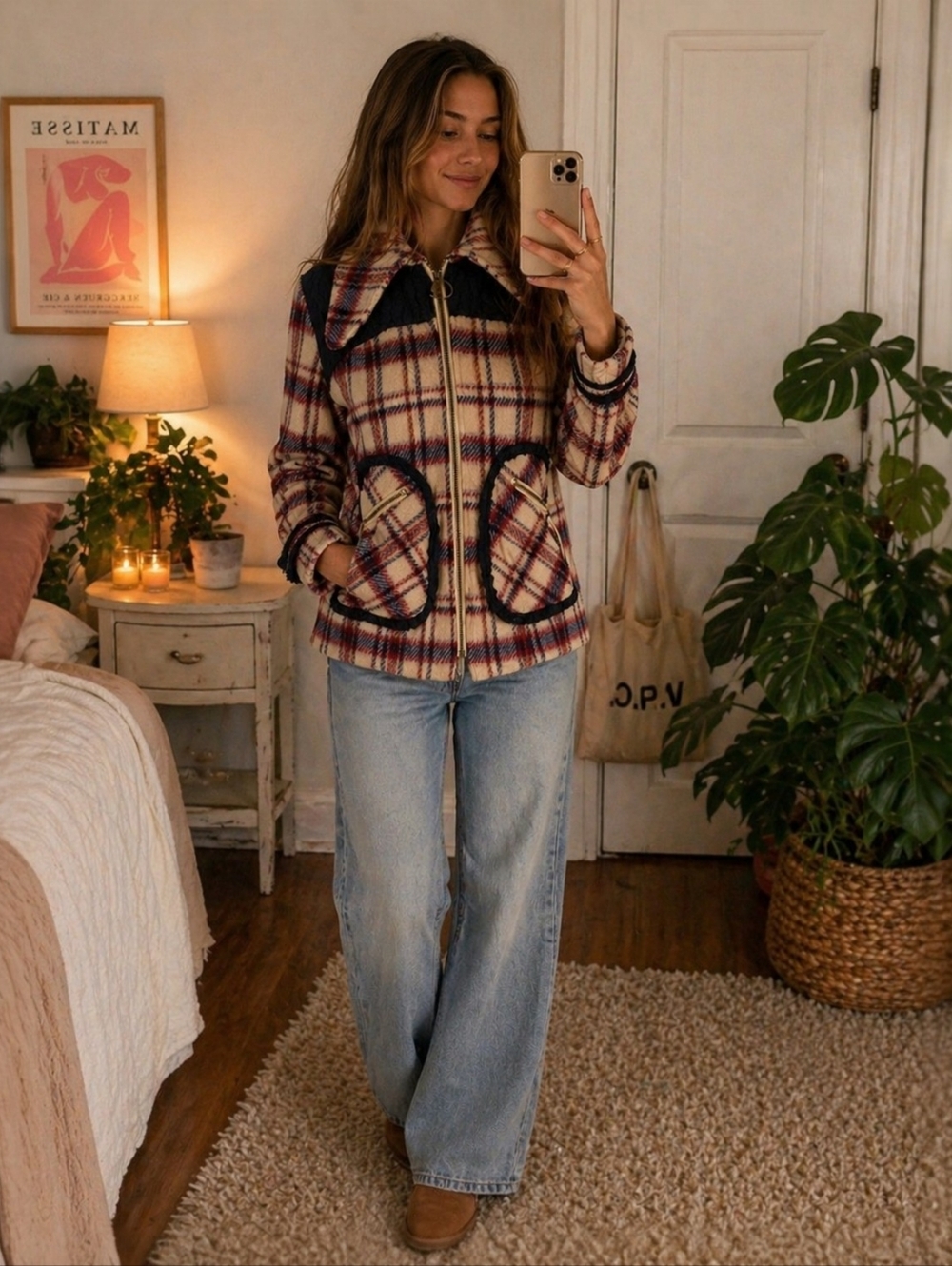 Vintage 70s Beige Plaid Flannel Jacket Brown Sherpa Boho Hippie Size 5/6